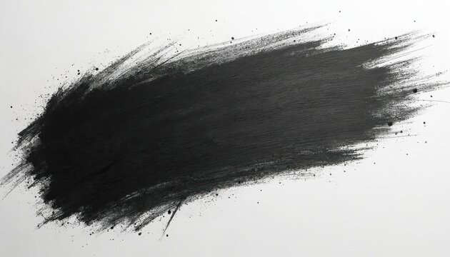 Thick black paint brush stroke with splatter marks on white background. Hand drawn abstract texture for graphic design elements, banners, or backgrounds with grungy effect.