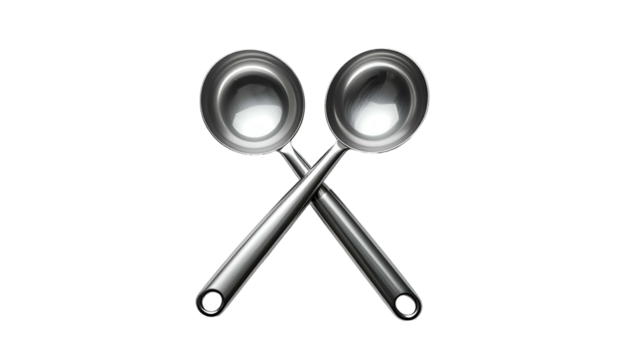 Crossed metal ladles reflect light against a stark black background