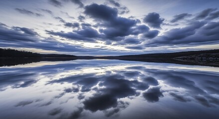 Obraz premium Scenic lake landscape mirroring dramatic cloudy sky during daytime
