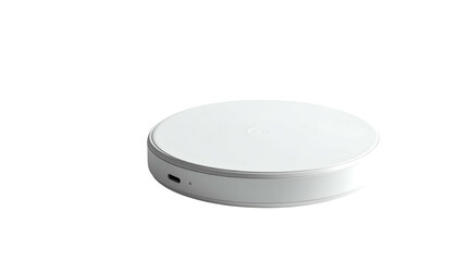 Round, white, tech charging pad on a black background