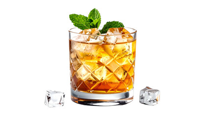 A refreshing cocktail with ice cubes, garnished with mint sprigs, against a black background