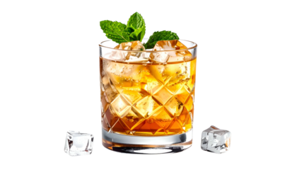 A refreshing cocktail with ice cubes, garnished with mint sprigs, against a black background