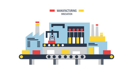Flat design illustration of factory automation robotic production line and industrial innovation concepts