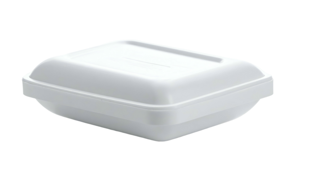 White styrofoam clamshell food container on a black background