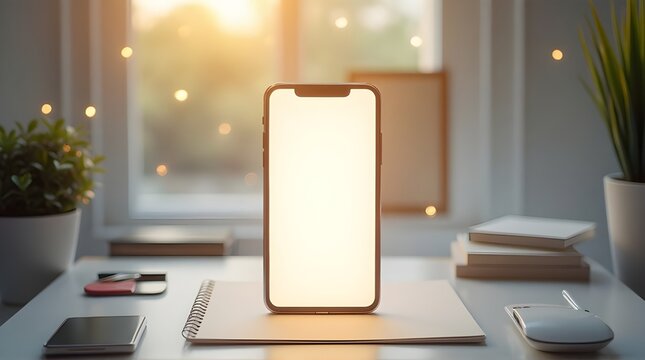 Modern phone mockup with blank screen for app promotion on bright desk, showcase your responsive designs, create a professional vibe with this stylish workspace scene