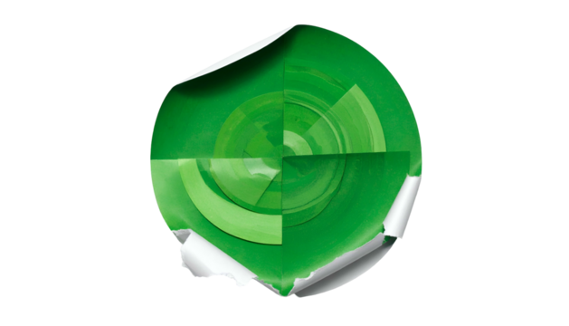 Abstract green circle design on black, torn edges, layered sections, and radial patterns - Powered by Adobe