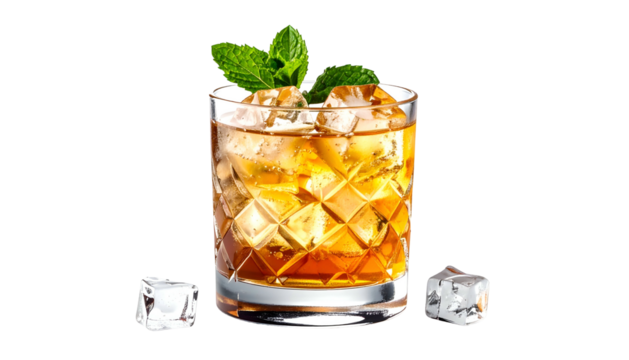 A refreshing cocktail with ice cubes, garnished with mint sprigs, against a black background