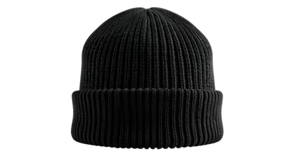 A front-facing close-up of a black knitted beanie, isolated on a black background