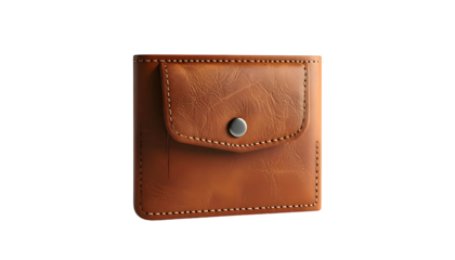 A close-up view of a brown, leather, button-closure wallet isolated on a black backdrop
