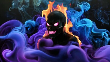 Dramatic skull figure surrounded by vibrant blue purple and orange smoke with glowing pink eyes and teeth creating a dark fantasy horror themed artwork for digital art and design projects - Powered by Adobe