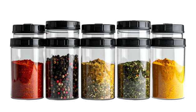 Spices in glass jars, arranged neatly - Powered by Adobe