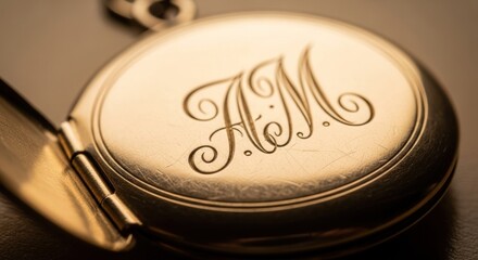 Close-up of a golden pocket watch with engraved initials and opened lid