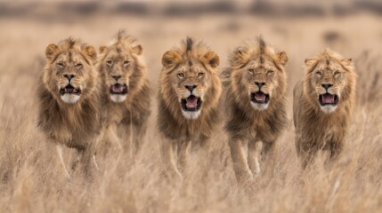 A group of lions running through a field. The lions are all facing the same direction and are running together