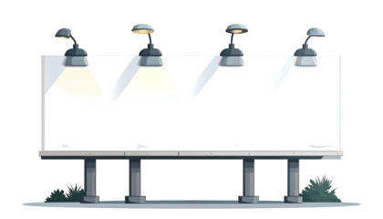 A blank billboard with overhead lights, standing on concrete and pillars, against a black background