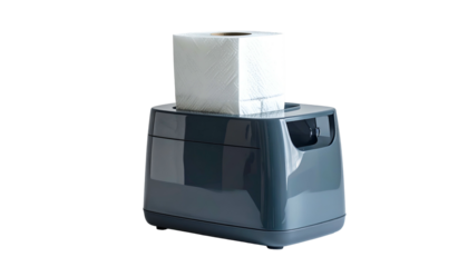 Grey dispenser holding a square, white toilet paper roll