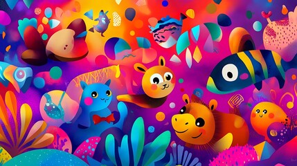 Digital artist creates vibrant painting with cute cartoon animals in imaginative underwater world for bright joyful colorful design concept