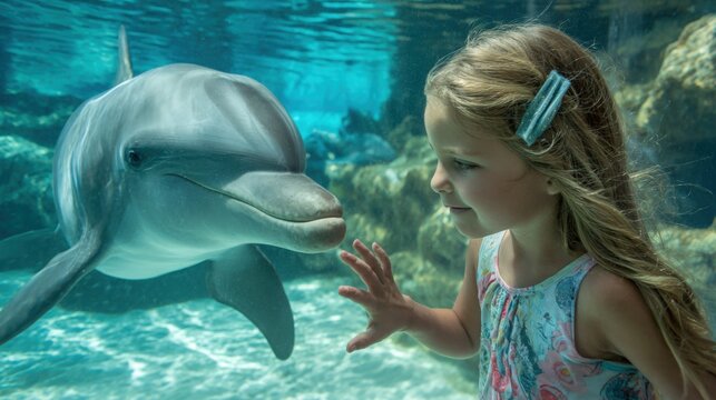 A young girl is looking at a dolphin in a tank. The dolphin is smiling at her. The girl is wearing a pink bow in her hair