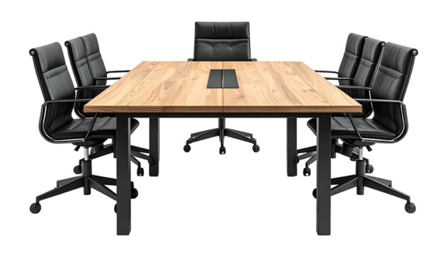 Office conference room with light wood table, black chairs, arranged around the space