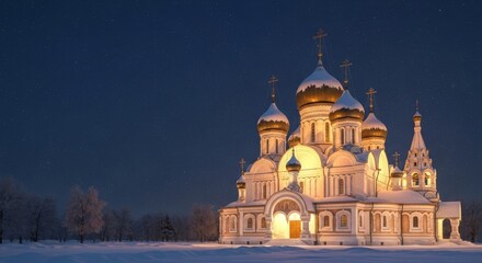 Orthodox Christmas in Russia, glowing cathedral domes in snow