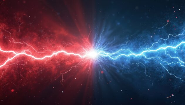 Red and blue lightning bolts clash in abstract space. Energy particles explode at center creating bright burst. Futuristic sci-fi background for tech or competition themes.