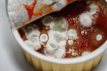 Macro detail of grey and white mold in a cup of tomato purée.
