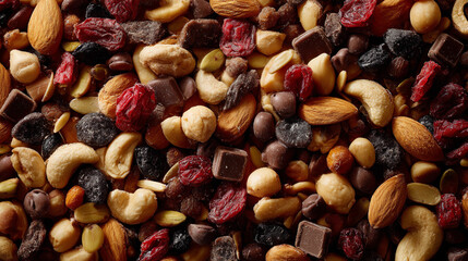 top view of mixed nuts dry fruit and chocolate