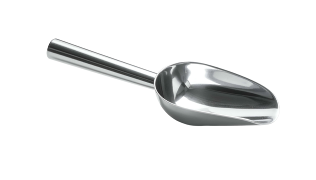 Shiny metal scoop with rounded handle, isolated on black background