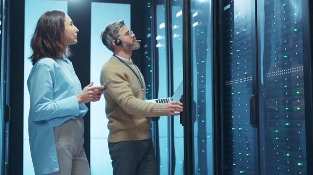 A dedicated team is effectively collaborating in an advanced hightech data center environment