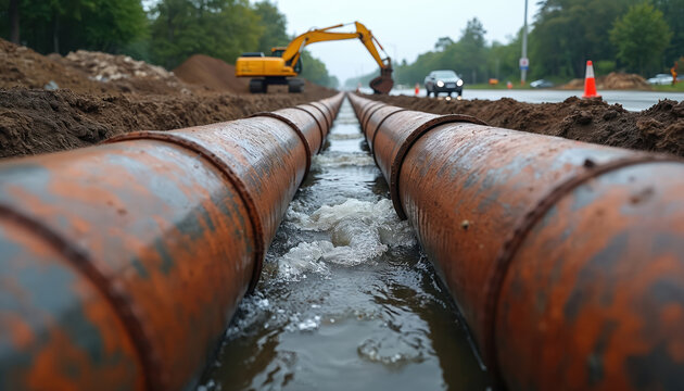 Two large rusty pipes in water during construction. Excavator digs earth. Water flows between the metal mains. Repair and replacement of system. Heavy industry, building process with safety control.