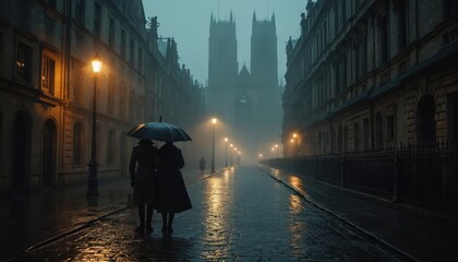 Couple walks under umbrella on wet cobblestone street at night. Gas lamps light foggy old city with tall gothic buildings in background. Dark rainy weather sets mysterious atmosphere for urban stroll.