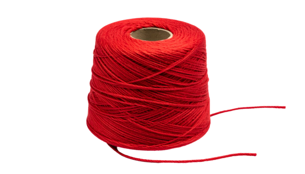 Close-up of a spool of bright red thread, partially unwound, against a black background