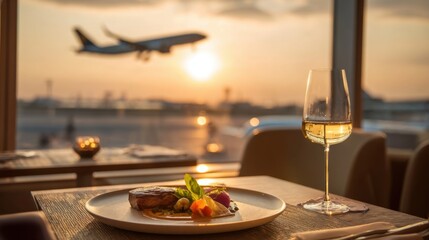 A plate of food is on a table with a glass of wine. The table is near an airport and a plane is flying in the background. Concept of relaxation and leisure