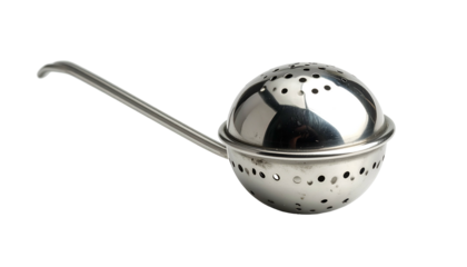 Shiny spherical tea infuser with a long handle on a black background