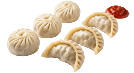 Steamed Momos and Dumplings in Half Moon and Round Shapes with Spicy Red Sauce isolated PNG with Transparent Background