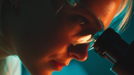 A focused individual intently examines a sample through a microscope, bathed in dramatic, contrasting light, evoking a sense of scientific curiosity and meticulous research.