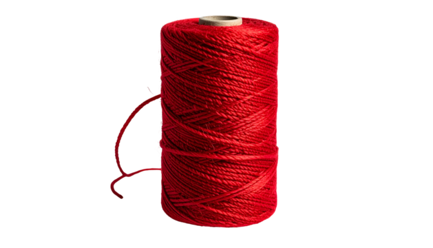 A cylindrical spool of red thread against a stark black background, thread unwinding
