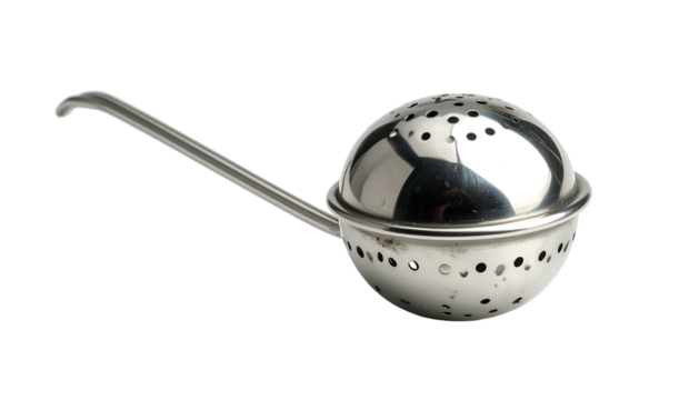 Shiny spherical tea infuser with a long handle on a black background