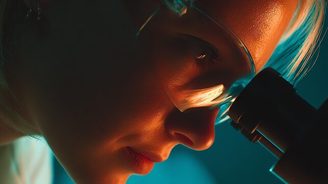 A focused individual intently examines a sample through a microscope, bathed in dramatic, contrasting light, evoking a sense of scientific curiosity and meticulous research.