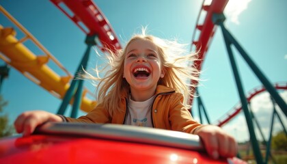 Young girl with blonde hair rides a roller coaster. She laughs with joy and excitement on a sunny day at the amusement park. Her hair blows in the wind during the thrilling ride.