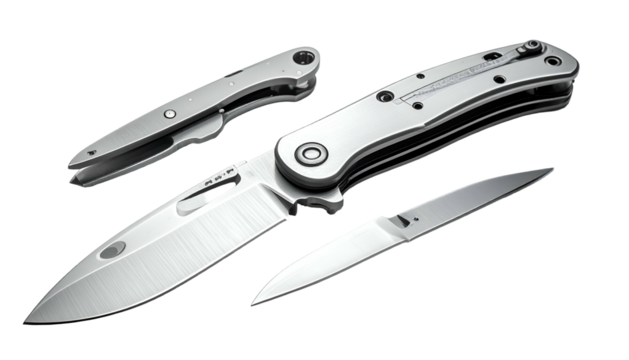 Three steel folding pocket knives on a dark background