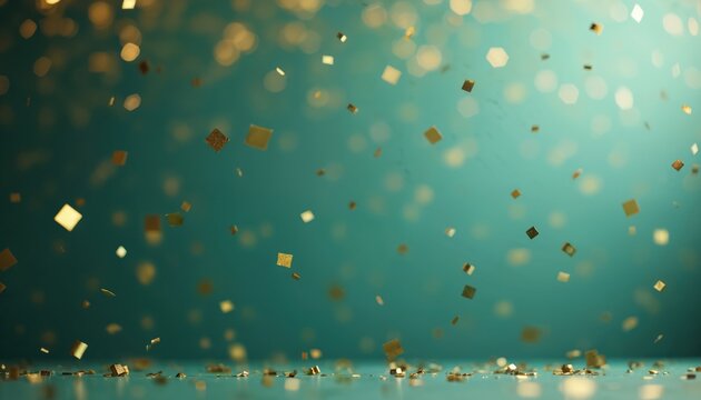 Golden square confetti floats in soft focus against a teal background. Bokeh lights add to the festive ethereal atmosphere. This abstract background evokes celebration and luxury.