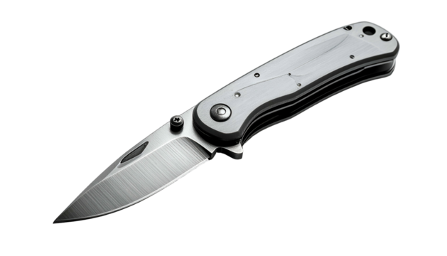 Sleek, stainless folding knife, centered, on a black background