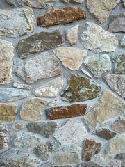A detailed, full-frame shot showcasing the rugged, irregular texture of a stone wall constructed with various sizes of natural, multi-toned fieldstones and visible mortar joints.