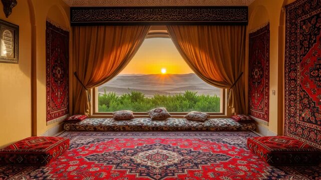 Interior view of a traditional middle eastern room with carpets, cushions, and a window overlooking a desert landscape at sunset ai generated vedio