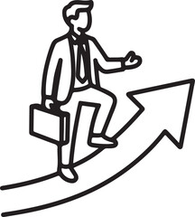 Businessman climbs arrow toward success outlined