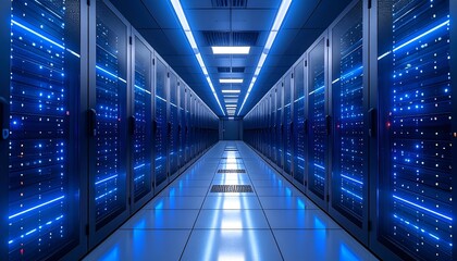 Fototapeta premium A high-tech server room with illuminated racks, showcasing advanced technology and data management