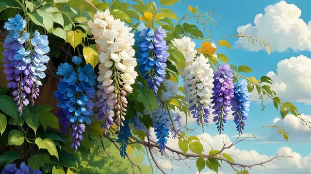 Wisteria blooms in vibrant colors against a bright blue sky with fluffy clouds creating a serene and beautiful floral landscape perfect for spring backgrounds and naturethemed designs