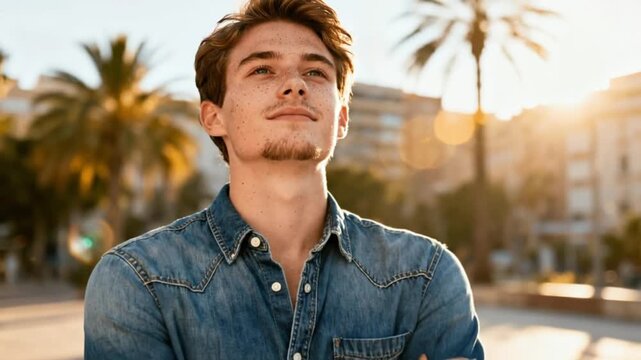 Young Caucasian man with freckles at sunset