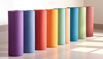 Colorful yoga mats arranged neatly in a sunlit studio, promoting wellness and fitness activities