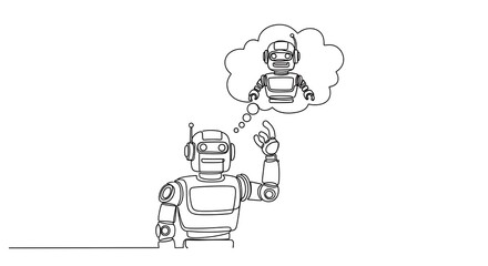 Sketch of a retro robot with a thought bubble showing a human skeleton symbolizing artificial intelligence and mortality